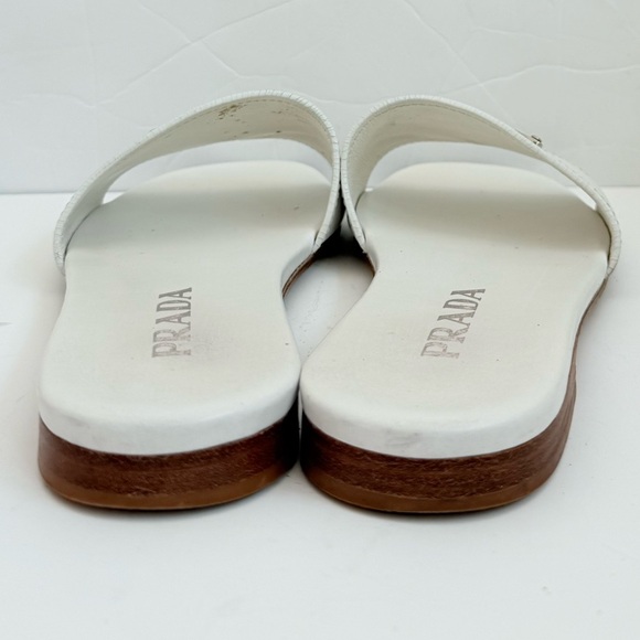 Prada white leather Triangle logo embellished open toe flat slide sandals 37 - Picture 4 of 10
